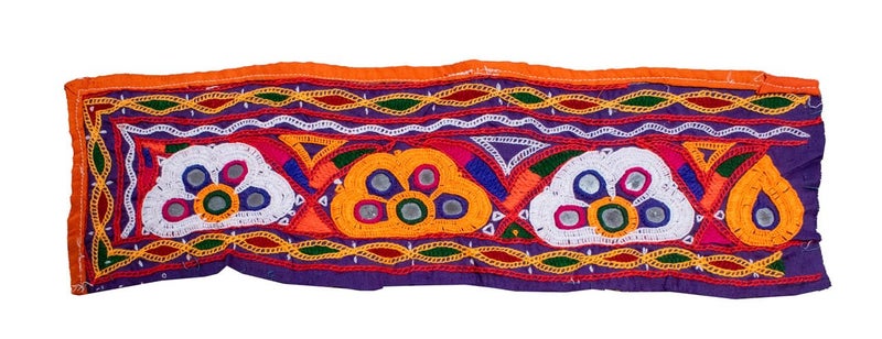 Ethnics of Kutch Ahir Work Cotton Hand Embroidered Mirror Work Handwork Patch 31 cms Length Purple 20401E - Image 2
