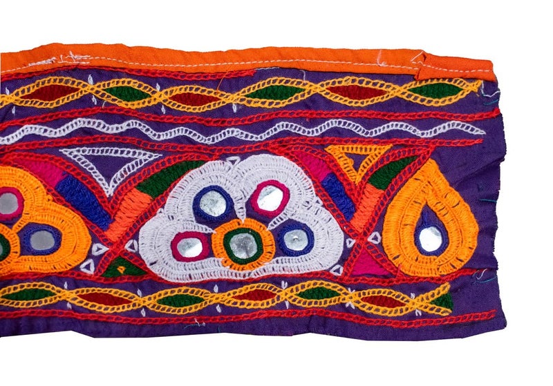 Ethnics of Kutch Ahir Work Cotton Hand Embroidered Mirror Work Handwork Patch 31 cms Length Purple 20401E - Image 3