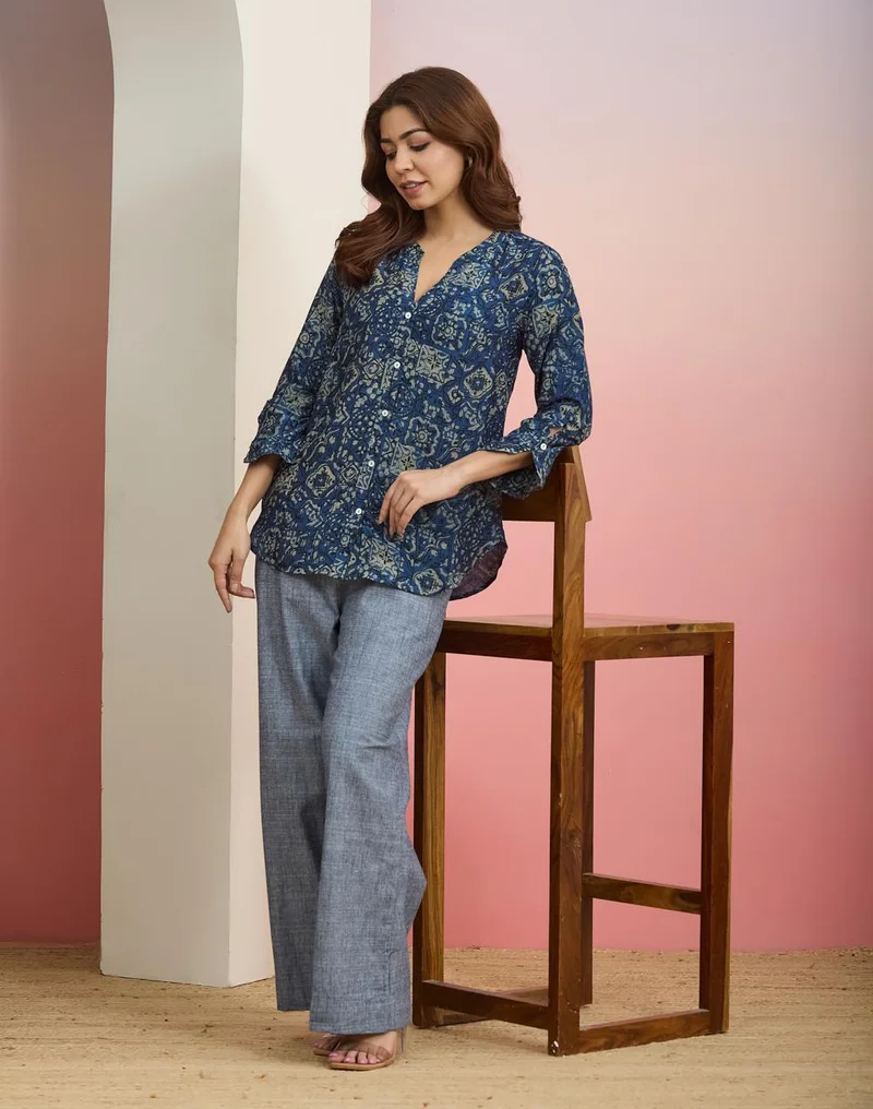 Fabindia  Blue Rayon Blend Top for Women | Best Price UAE