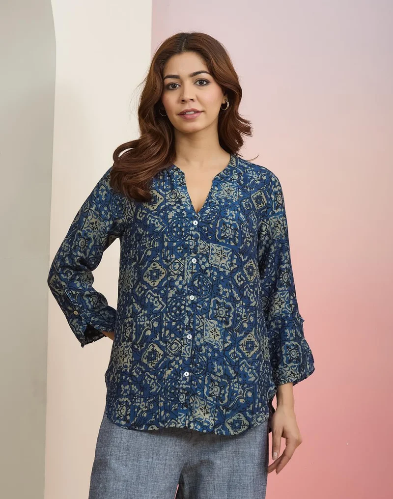 Fabindia  Blue Rayon Blend Top for Women | Best Price UAE