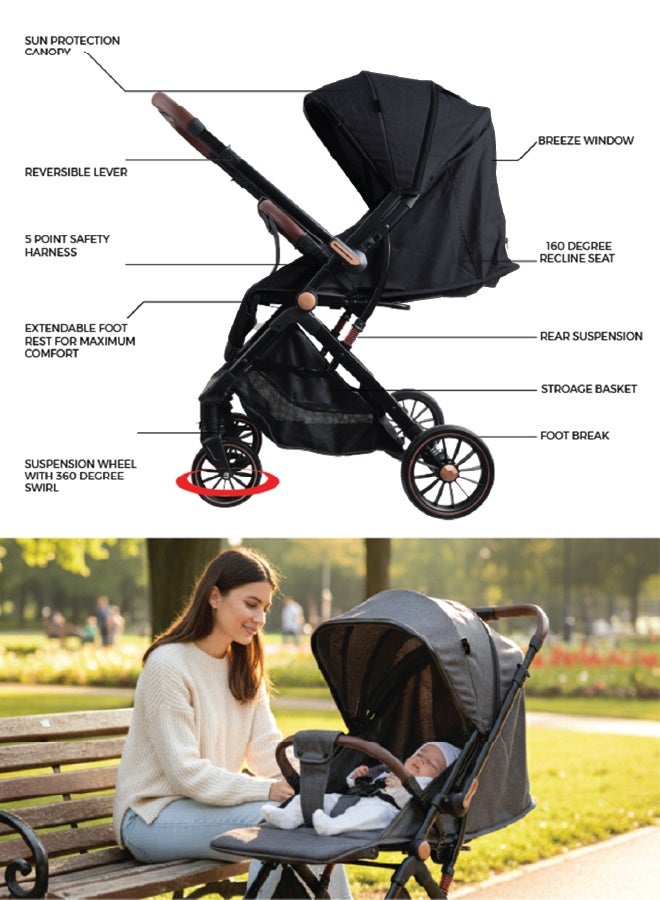 Zenito Reversible handle Baby Stroller - Stylish, Lightweight 5.8kg , Foldable Travel Stroller for Infants & Toddlers, All-Terrain Wheels, Safety Harness, Aluminum Frame, 0-36 Months | Black - Image 4