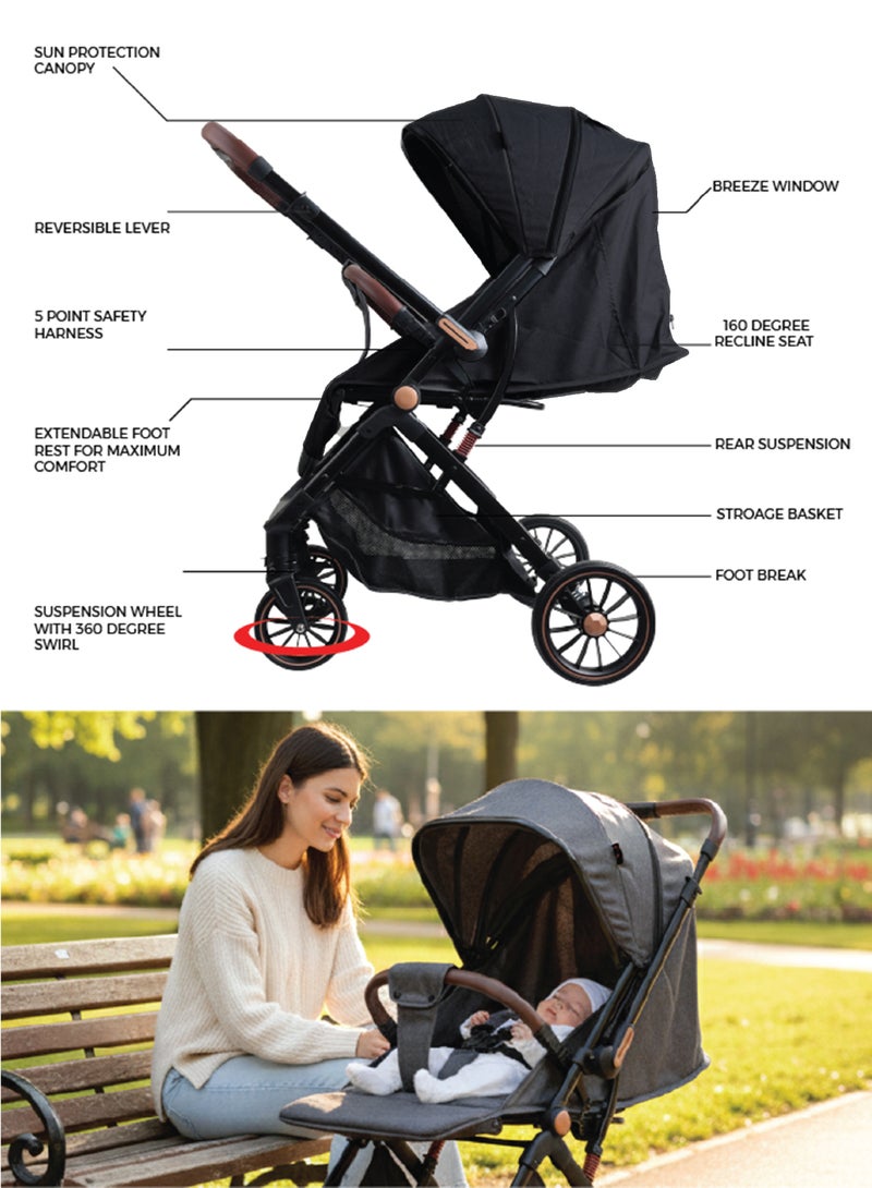 Zenito Reversible handle Baby Stroller - Stylish, Lightweight 5.8kg , Foldable Travel Stroller for Infants & Toddlers, All-Terrain Wheels, Safety Harness, Aluminum Frame, 0-36 Months | Black - Image 5
