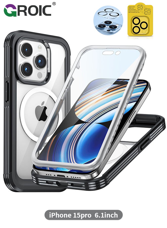 GROIC - For iPhone 15 Pro Case [Compatible with MagSafe] Full-Body Magnetic Bumper Shell with Built-in 9H Tempered Glass Screen Protector and Camera Lens Protector,Shockproof Bumper Phone Cover - Image 1