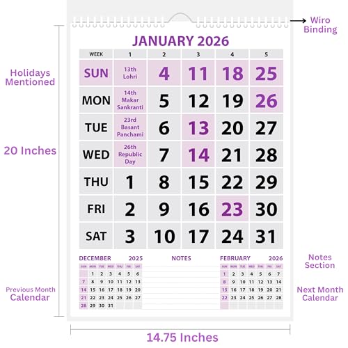 LAURET BLANC 2026 Wall Calendar -14.75" X 20" for Home & Office, Holidays Mentioned, 150GSM Art Paper, (F) - Image 2