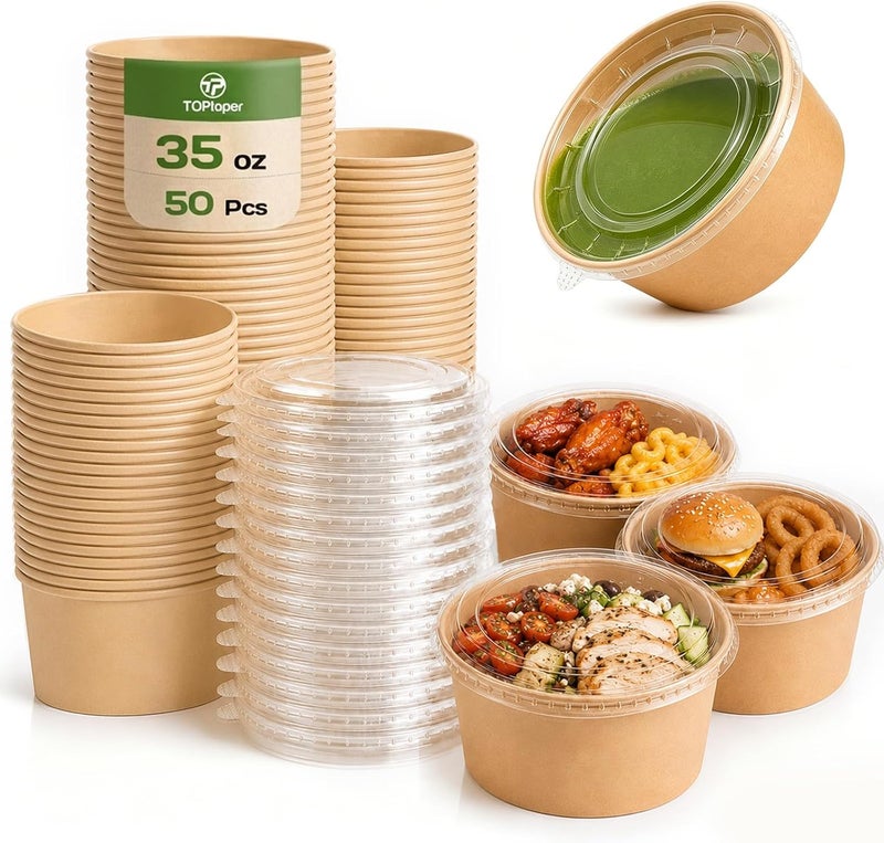TOPtoper 50 Pack 35 Oz Large Paper Bowls with Lids, Heavy Duty Paper Bowls for Party, Disposable Bowls Bulk Leakproof and Microwave Safe for Hot/Cold Use (35 OZ) - Image 1