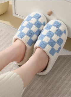 NIBEMINENT Checkerboard Lattice Design Bedroom Slippers for Women Men Couple Plush Fuzzy Cozy House Autumn and Winter Warm Indoor Outdoor Lightweight Soft Flat Slides White+Blue  - Image 1