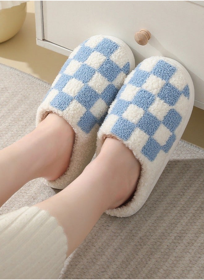 NIBEMINENT Checkerboard Lattice Design Bedroom Slippers for Women Men Couple Plush Fuzzy Cozy House Autumn and Winter Warm Indoor Outdoor Lightweight Soft Flat Slides White+Blue  - Image 1