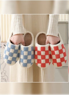 NIBEMINENT Checkerboard Lattice Design Bedroom Slippers for Women Men Couple Plush Fuzzy Cozy House Autumn and Winter Warm Indoor Outdoor Lightweight Soft Flat Slides White+Blue  - Image 3