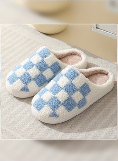 NIBEMINENT Checkerboard Lattice Design Bedroom Slippers for Women Men Couple Plush Fuzzy Cozy House Autumn and Winter Warm Indoor Outdoor Lightweight Soft Flat Slides White+Blue  - Image 2