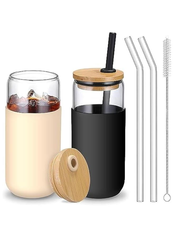 هوكور أكواب زجاج سعة 568 مل مزودة بأغطية بامبو وماصات من تراسل للشرب على شكل علبة مع مجموعة غلاف حماية سيليكون للقهوة المثلجة كوب لطيف للمياه والشاي والهدايا لون كهرماني وأسود 2 - Image 1