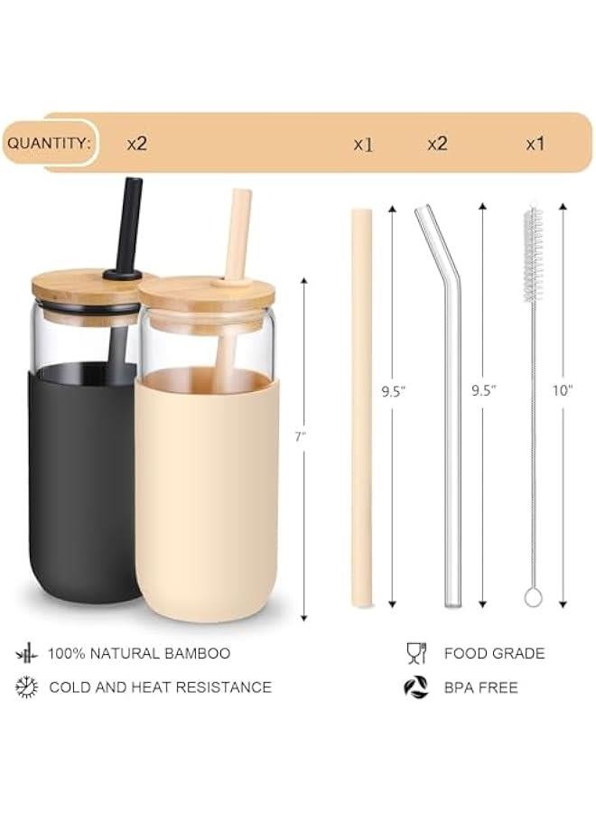 هوكور أكواب زجاج سعة 568 مل مزودة بأغطية بامبو وماصات من تراسل للشرب على شكل علبة مع مجموعة غلاف حماية سيليكون للقهوة المثلجة كوب لطيف للمياه والشاي والهدايا لون كهرماني وأسود 2 - Image 2