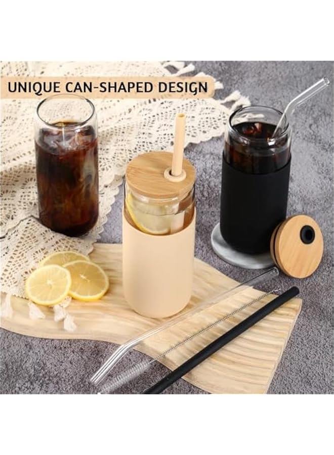 هوكور أكواب زجاج سعة 568 مل مزودة بأغطية بامبو وماصات من تراسل للشرب على شكل علبة مع مجموعة غلاف حماية سيليكون للقهوة المثلجة كوب لطيف للمياه والشاي والهدايا لون كهرماني وأسود 2 - Image 3