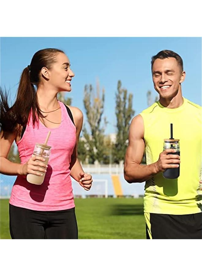 هوكور أكواب زجاج سعة 568 مل مزودة بأغطية بامبو وماصات من تراسل للشرب على شكل علبة مع مجموعة غلاف حماية سيليكون للقهوة المثلجة كوب لطيف للمياه والشاي والهدايا لون كهرماني وأسود 2 - Image 4