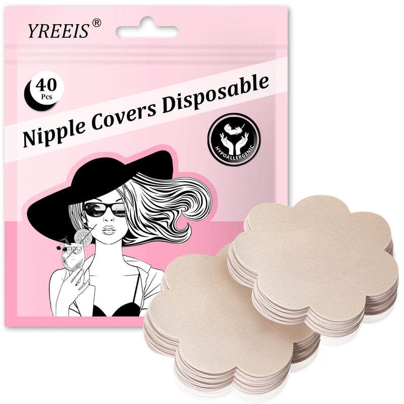 YREEIS 40 Pcs Nipple Covers For Women Hypoallergenic Disposable Adhesive Nipple Pasties No-Show Satin Breast Petals Stickers (Beige) - Image 1