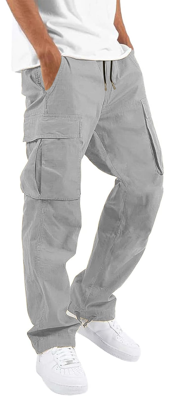 HUNGSON Mens Cargo Pants Drawstring Casual Hiking Pants Joggers Athletic Trousers Cotton Loose Straight Sweatpants for Men Grey - Image 1
