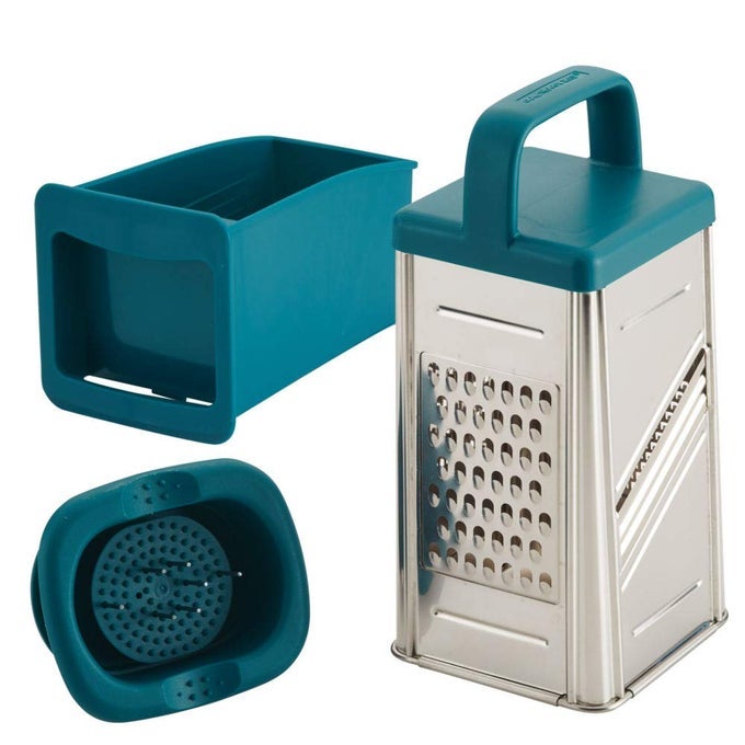 TOOLS AND GADGETS STAINLESS STEEL BOX GRATER FOR VEGETABLES CHOCOLATE HARD CHEESES AND MORE TEAL BLUE