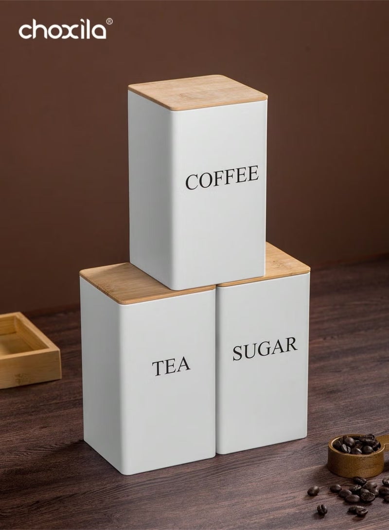 مجموعة مطورة من ثلاث قطع (مع حلقة إغلاق مدمجة): حاوية تخزين قهوة من الحديد، حاوية شاي، حاوية وجبات خفيفة، وحاوية تخزين حبوب القهوة، مع أغطية من الخيزران؛ حاوية مربعة للعرض الفني - بيضاء (9.5*9.5*15 سم). - Image 1