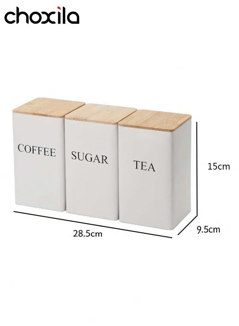 مجموعة مطورة من ثلاث قطع (مع حلقة إغلاق مدمجة): حاوية تخزين قهوة من الحديد، حاوية شاي، حاوية وجبات خفيفة، وحاوية تخزين حبوب القهوة، مع أغطية من الخيزران؛ حاوية مربعة للعرض الفني - بيضاء (9.5*9.5*15 سم). - Image 2