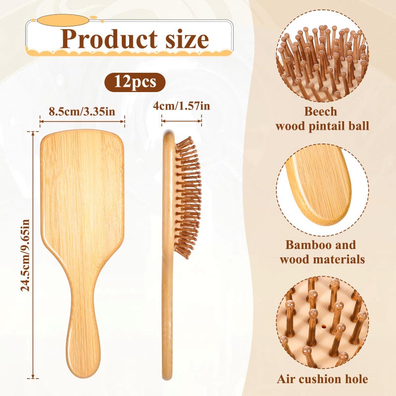 Zyghjort 12-Pack Natural Bamboo Hair Brushes for Scalp Massage & Detangling, Anti-Static Wooden Paddle Brush with Ergonomic Handle and Bamboo Bristles, DIY Engraving Gifts for Women/Men/Kids, All Hair Types - Image 2