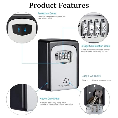 TTRWIN Key Lock Box for Outside, Resettable 4 Digit Combination Waterproof Lockbox, Key Safe Storage Security Lock Box, 5 Keys Large Capacity Wall Mounted LockBox for House Key, ID Card, Garage Key - Image 3