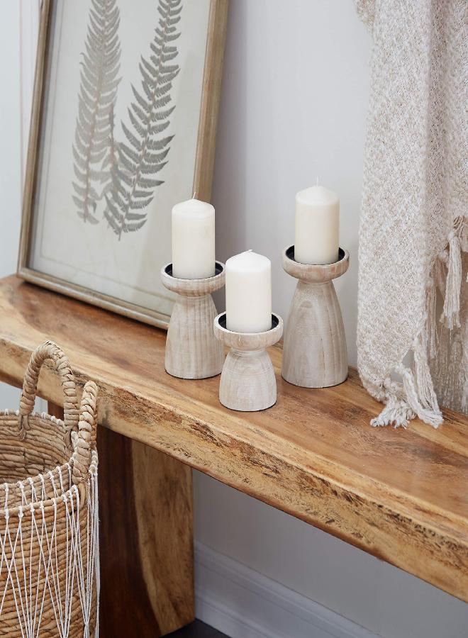 Deco 79 Wood Pillar Candle Holder with White Wash Finish, Set of 3 - 6", 5", 4"H, Brown - Image 1