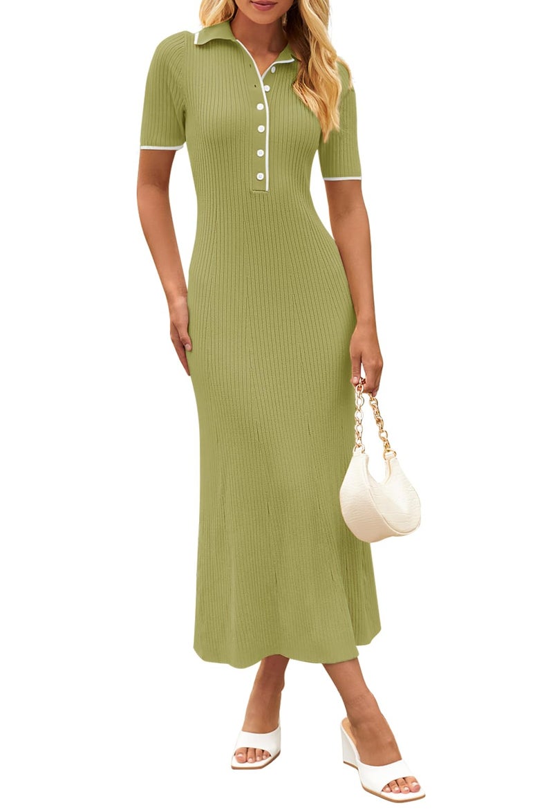MEROKEETY Womens V Neck Ribbed Knit Maxi Dress Button Short Sleeve Slim Fit Bodycon Sweater Dress Seagrass Medium