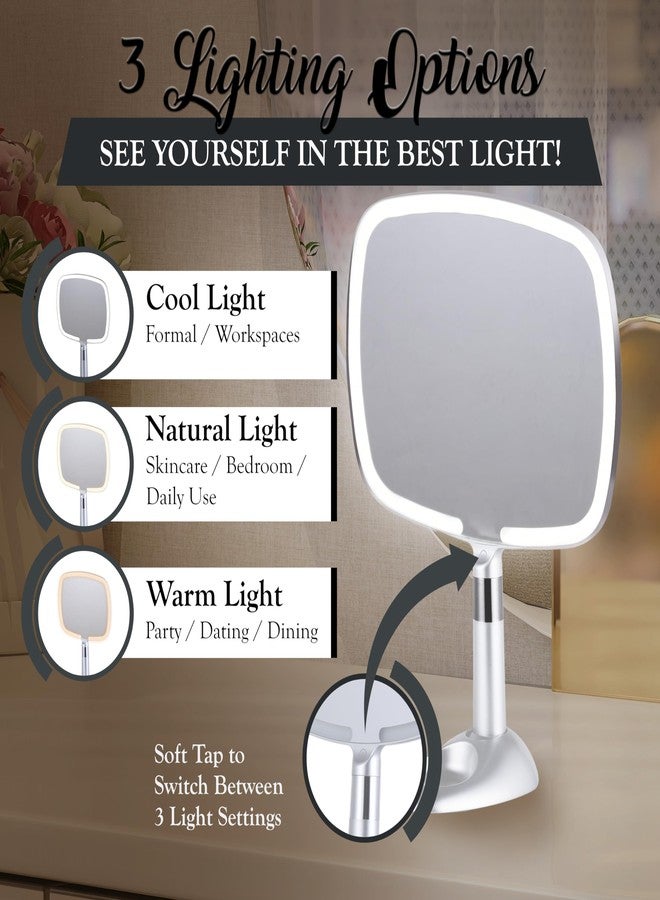 MIRRORVANA Lighted Travel Makeup Mirror - 2 in 1 Hand Mirror & Table Mirror with 3 Lighting Modes, Detachable Stand and Comfy Handle - 9" x 13" (Shiny Silver) - Image 2