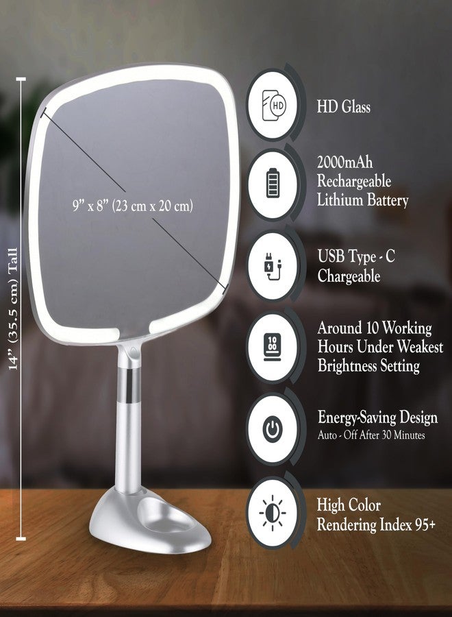 MIRRORVANA Lighted Travel Makeup Mirror - 2 in 1 Hand Mirror & Table Mirror with 3 Lighting Modes, Detachable Stand and Comfy Handle - 9" x 13" (Shiny Silver) - Image 3