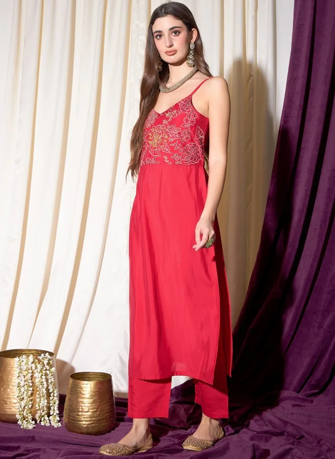 Indo Street Floral Yoke Design Kurta With Trousers For Women