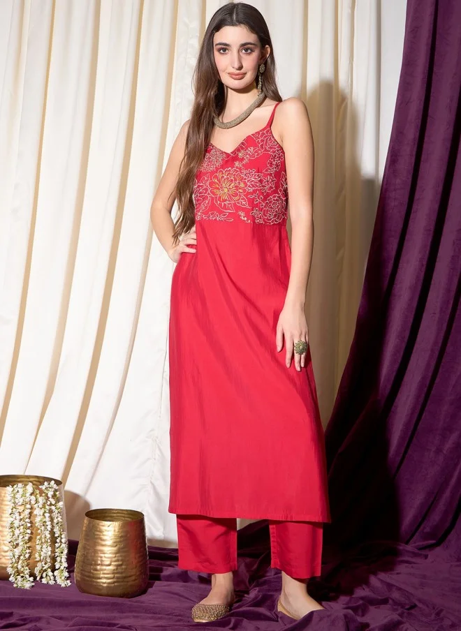 Indo Street Floral Yoke Design Kurta With Trousers For Women