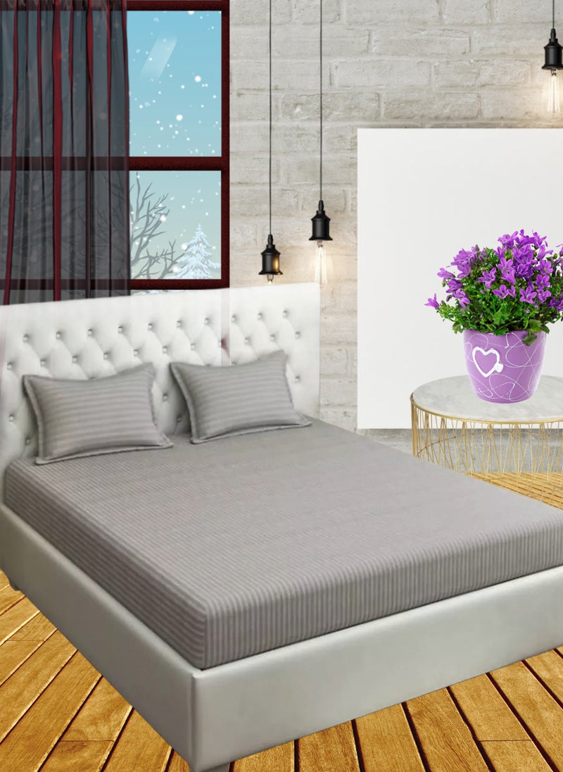 Blueberry Silver Deep Pocket Queen Size Striped Bed Sheet Set Cotton 180x200+20cm  - Image 1