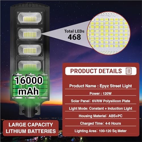 Epyz 120 Watt Solar Street Lights Outdoor Waterproof with Motion Sensor for Garden Street, Lawn [ with Out Pole ] [ Pack of 1, White Light, 468LED ] - Image 4