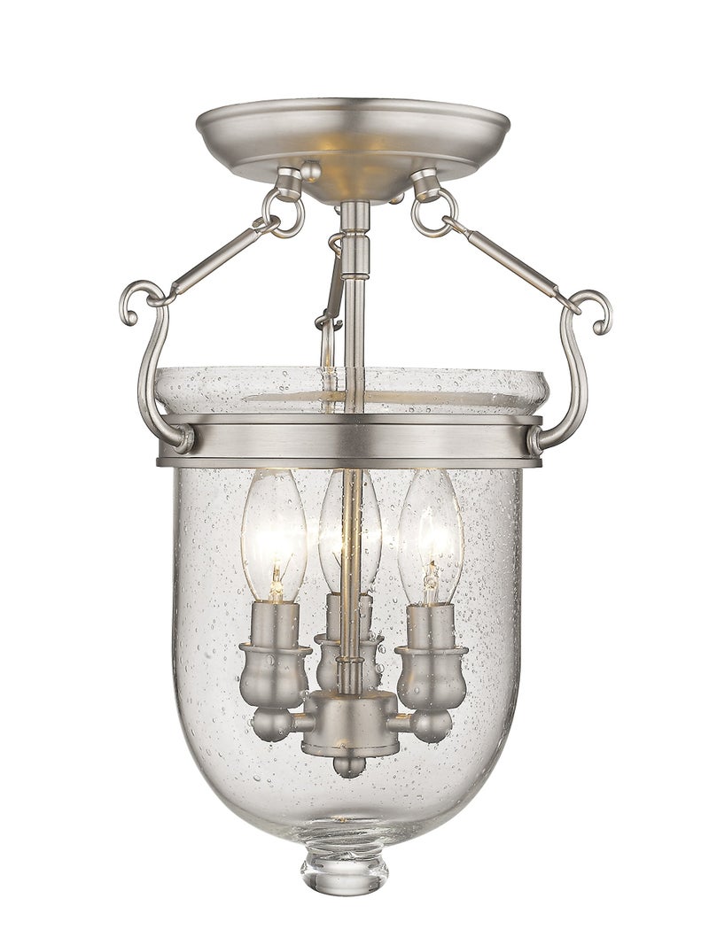 Livex Lighting 5081-91 Jefferson 3 Light Brushed Nickel Bell Jar Semi Flush with Seeded Glass - Image 1