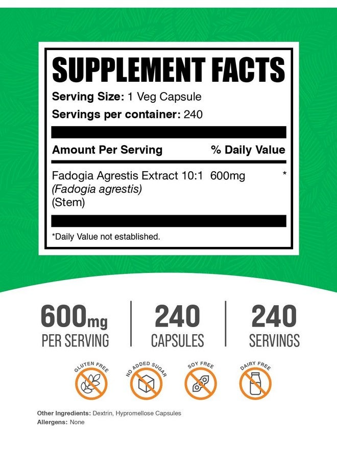 BulkSupplements.com Fadogia Agrestis Capsules - Fadogia Agrestis Supplement, Fadogia Agrestis 600mg - for Energy Boost, Vegan, 1 Capsule per Serving, 240 Veg Capsules (Pack of 1) - Image 2