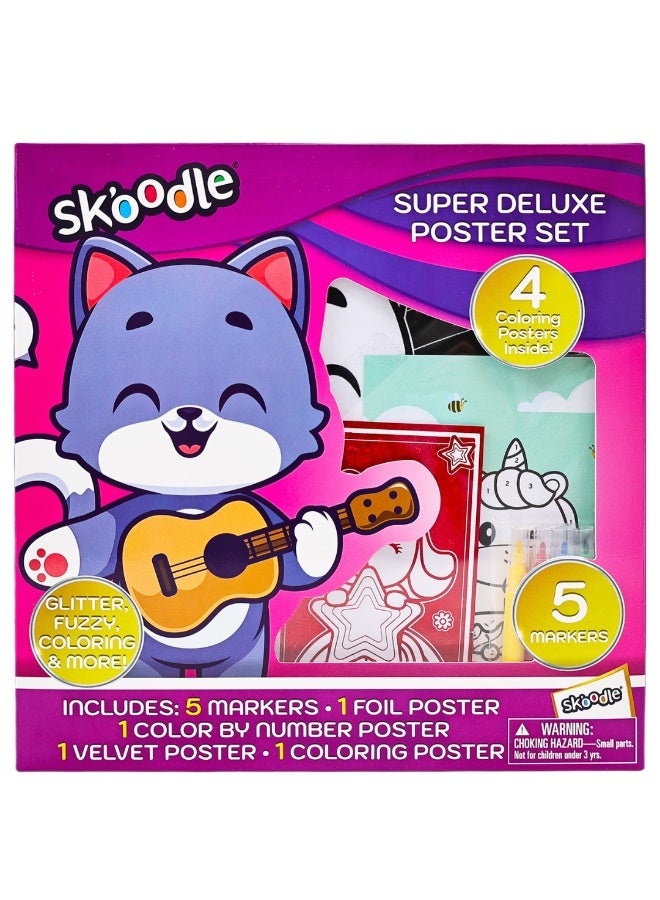 SKOODLE Super Deluxe Poster Set | 4 Fun Posters & 5 Markers | Educational & Learning Activity | Glitter, Fuzzy, Coloring & More |  Age 3+ - Image 1