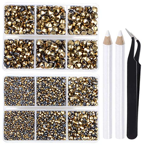 LPBeads 6400 Pieces Hotfix Rhinestones Metallic Gold Flat Back 5 Mixed Sizes Crystal Round Glass Gems with Tweezers and Picking Rhinestones Pen - Image 1