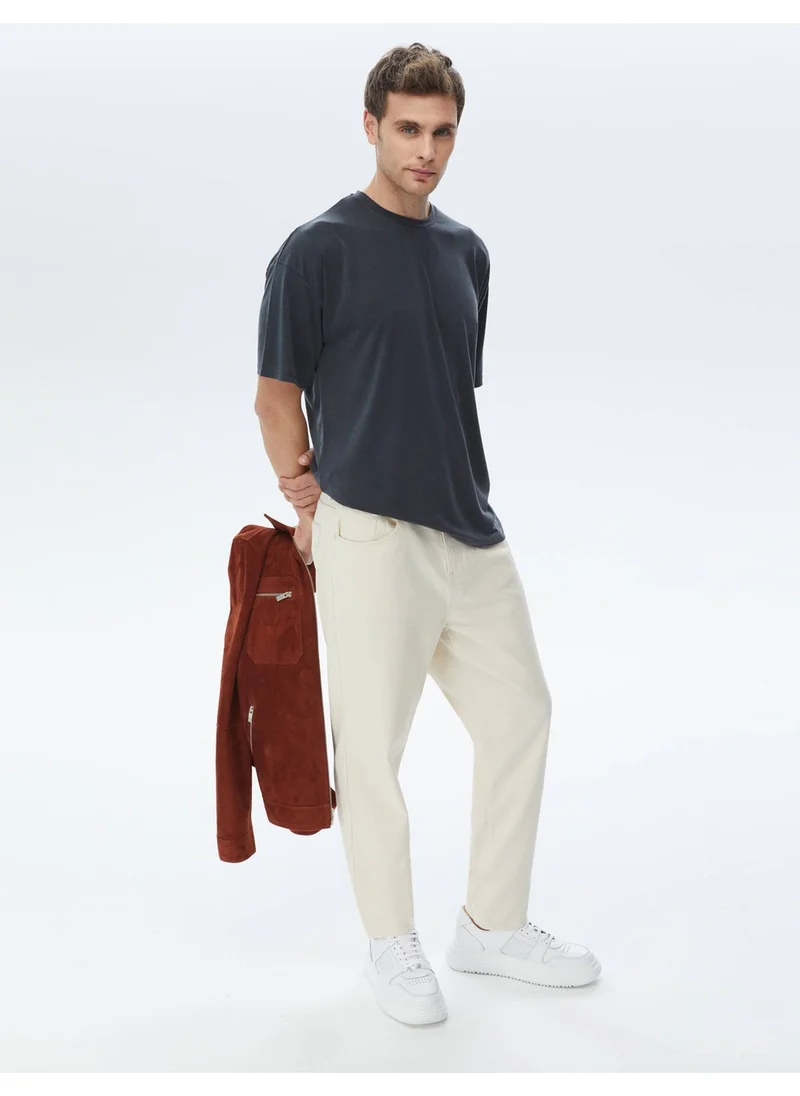 Kip Light Beige Plain Woven Carrot Fit Casual Cotton Blend Trousers