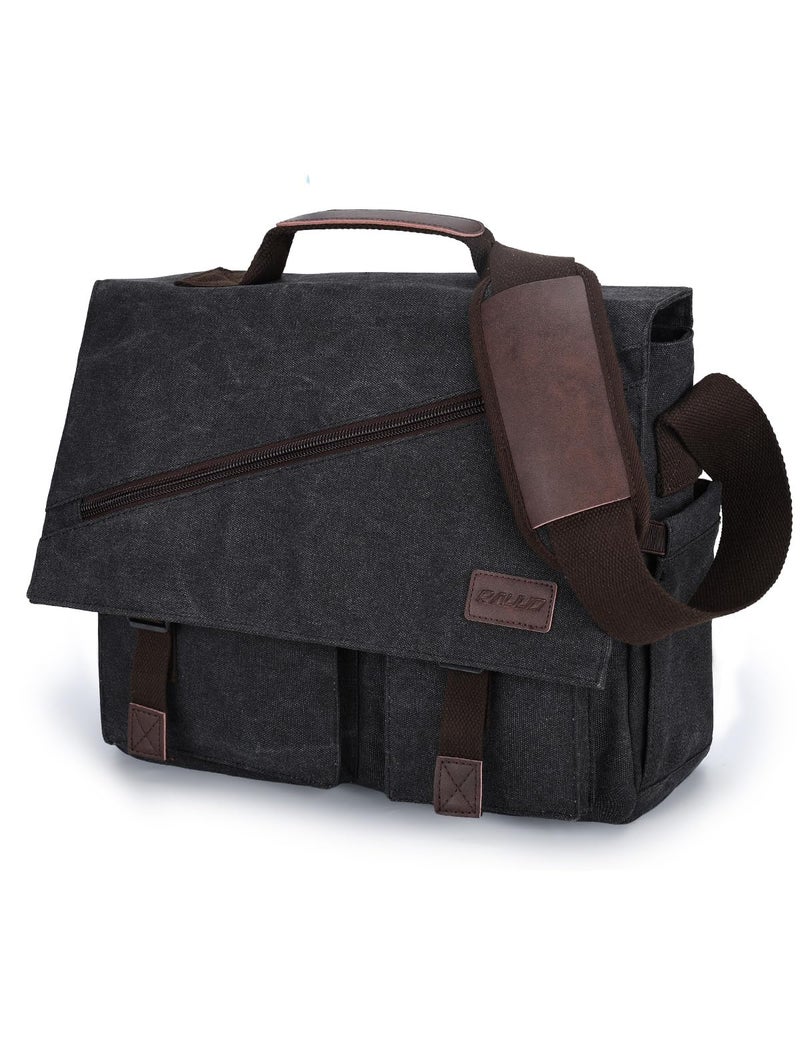 RAVUO Mens Messenger Bag,17 Inch Water Resistant Canvas Satchel Large Black Vintage Shoulder Business Briefcase Bag