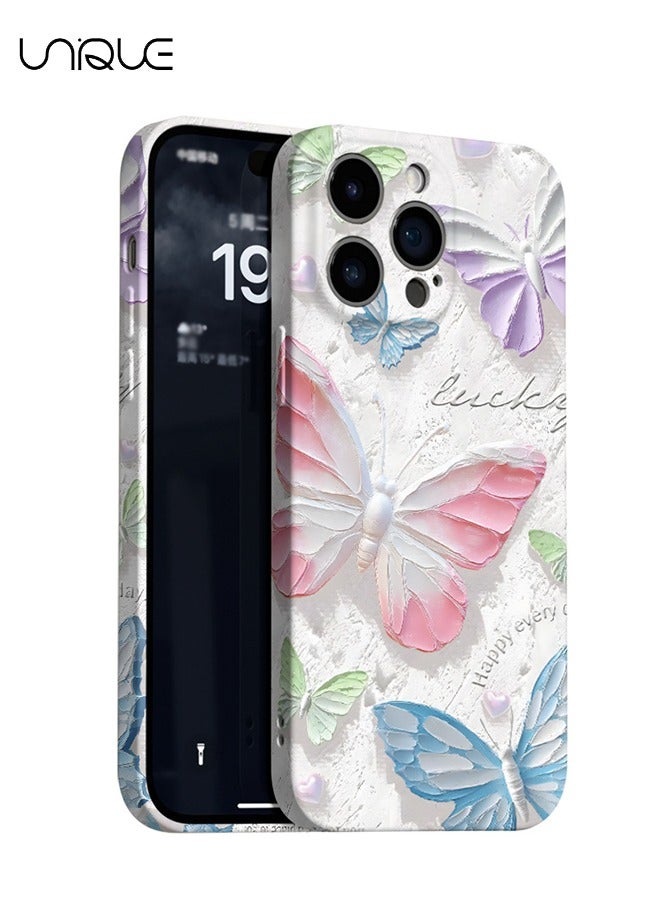 يونيك جراب هاتف iPhone 16 Pro Max - جراب هاتف فراشة بلوحة زيتية ملونة - جراب هاتف أبيض - حماية شاملة كاملة للكاميرا - جراب هاتف أنيق وبسيط - حماية من السقوط TPU