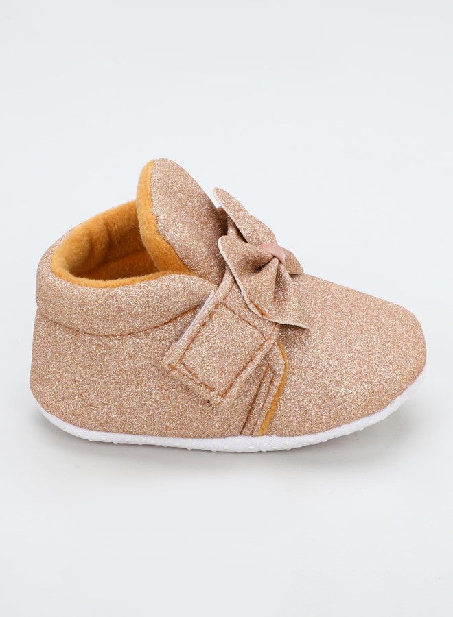 PureSole Baby Girls' Glitter Party Booties | Soft Sole Dress Shoes with Bow | Colorful Pre-Walker Crib Shoes for Special Occasions (6-12 Months) GOLD - Image 2