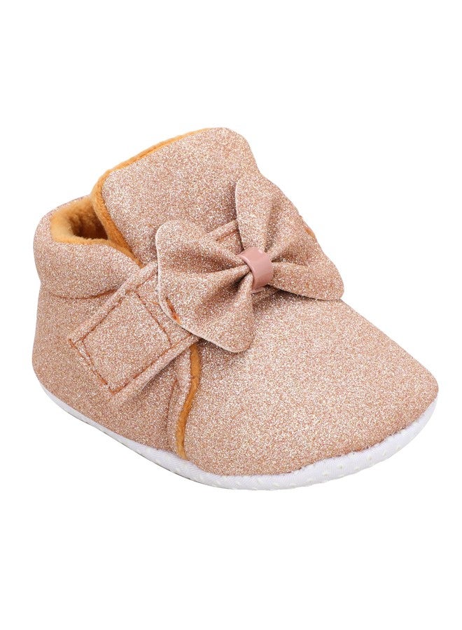 PureSole Baby Girls' Glitter Party Booties | Soft Sole Dress Shoes with Bow | Colorful Pre-Walker Crib Shoes for Special Occasions (6-12 Months) GOLD - Image 1