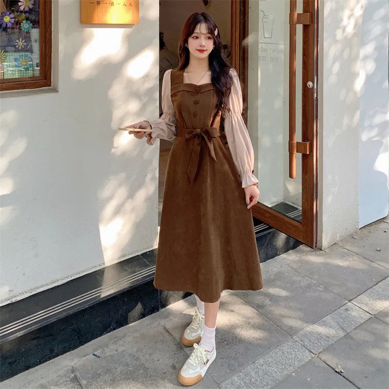 Retro Faux Two-Piece Tie Dress Autumn Winter 2024 Plus Size Long Sleeve Elegant Slimming Hyx#832 brown