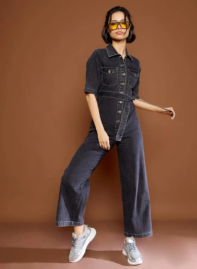 ساسافراس Sassafras Black Washed Denim Jumpsuit with Tie Belt