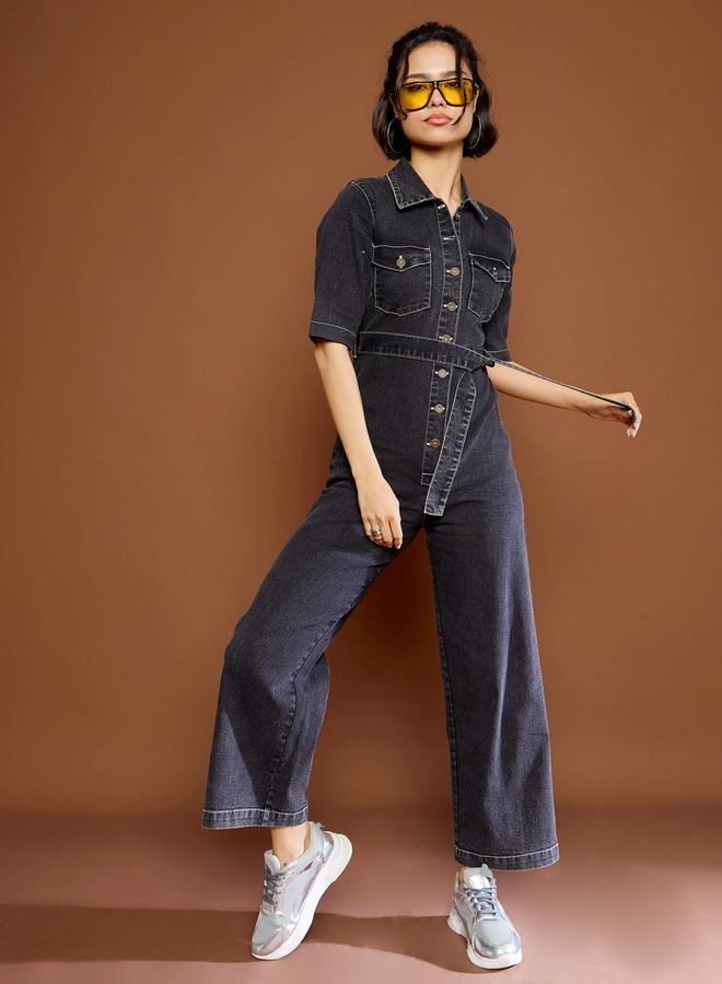 SASSAFRAS Black Washed Denim Jumpsuit with Tie Belt - Image 1