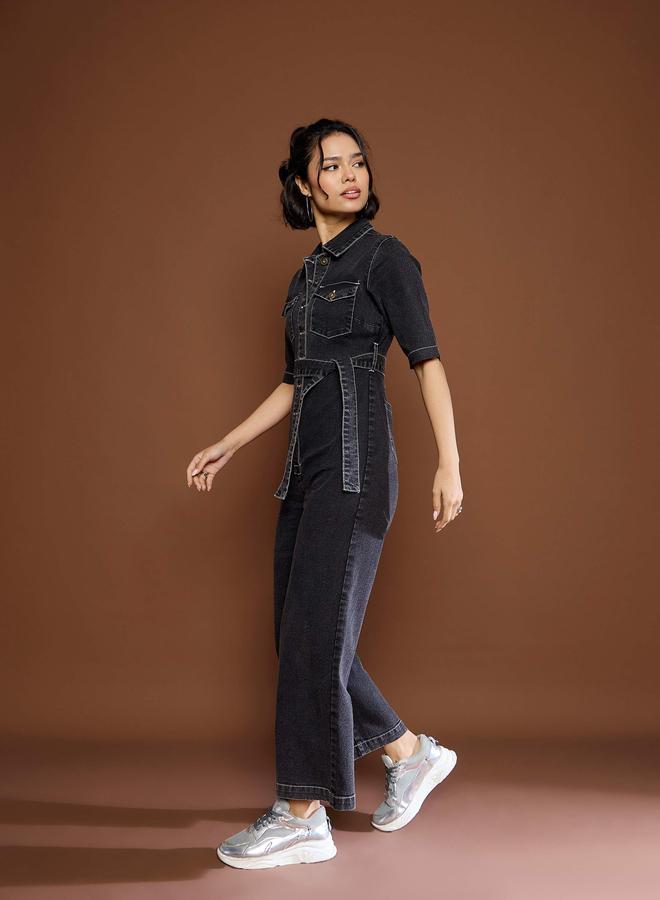 SASSAFRAS Black Washed Denim Jumpsuit with Tie Belt - Image 3
