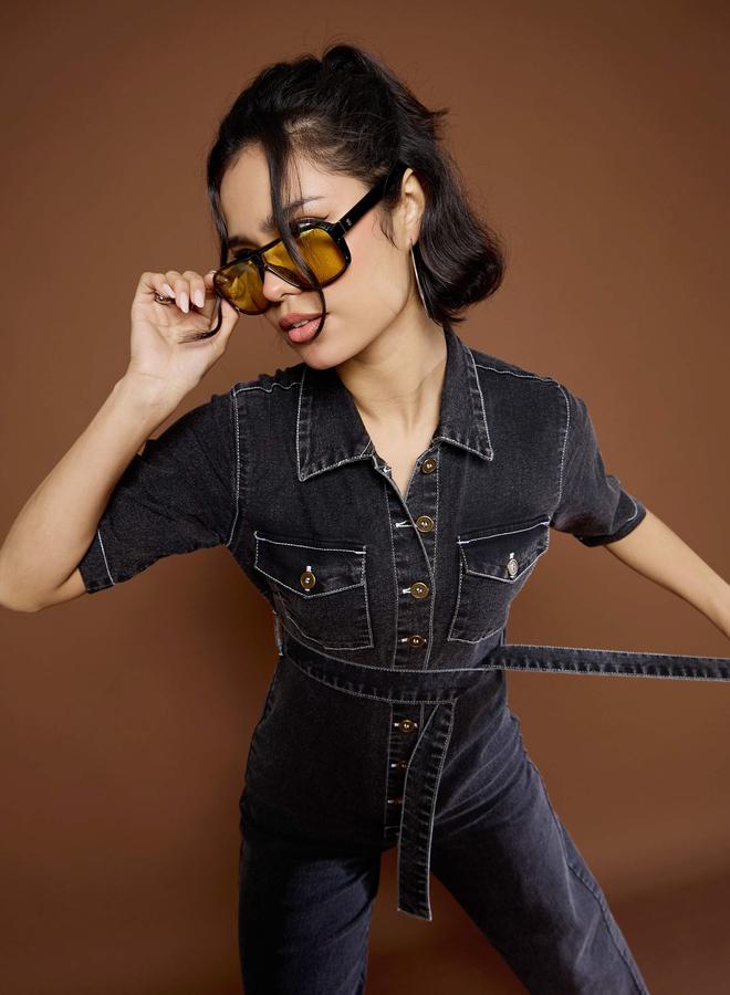 SASSAFRAS Black Washed Denim Jumpsuit with Tie Belt - Image 2