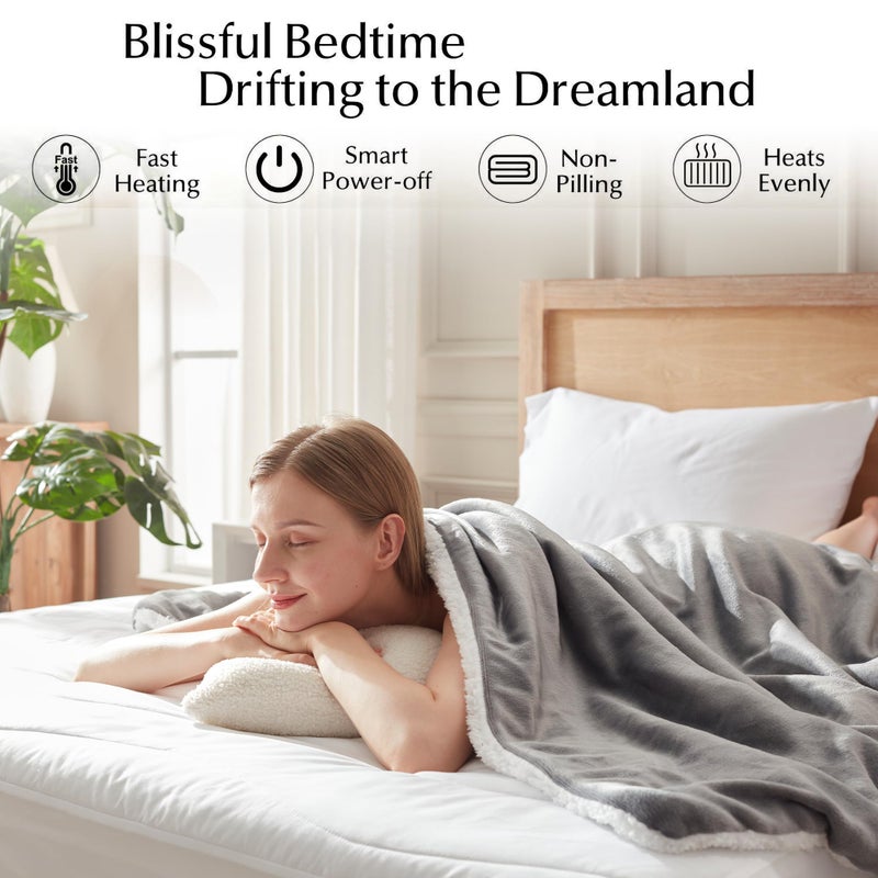 SNUGSUN Electric Heated Blanket King Size with Dual Control, Soft and Cozy Thickened Flannel and Sherpa Electric Blanket for Bed, 6 Heating Levels & 10 Hours Auto-Off, 100"x90" London Grey - Image 3