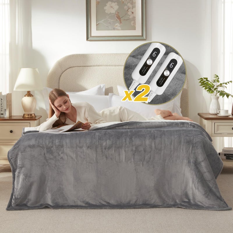 SNUGSUN Electric Heated Blanket King Size with Dual Control, Soft and Cozy Thickened Flannel and Sherpa Electric Blanket for Bed, 6 Heating Levels & 10 Hours Auto-Off, 100"x90" London Grey - Image 1