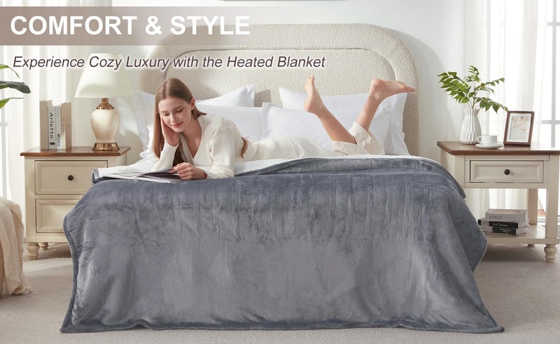 SNUGSUN Electric Heated Blanket King Size with Dual Control, Soft and Cozy Thickened Flannel and Sherpa Electric Blanket for Bed, 6 Heating Levels & 10 Hours Auto-Off, 100"x90" London Grey - Image 4