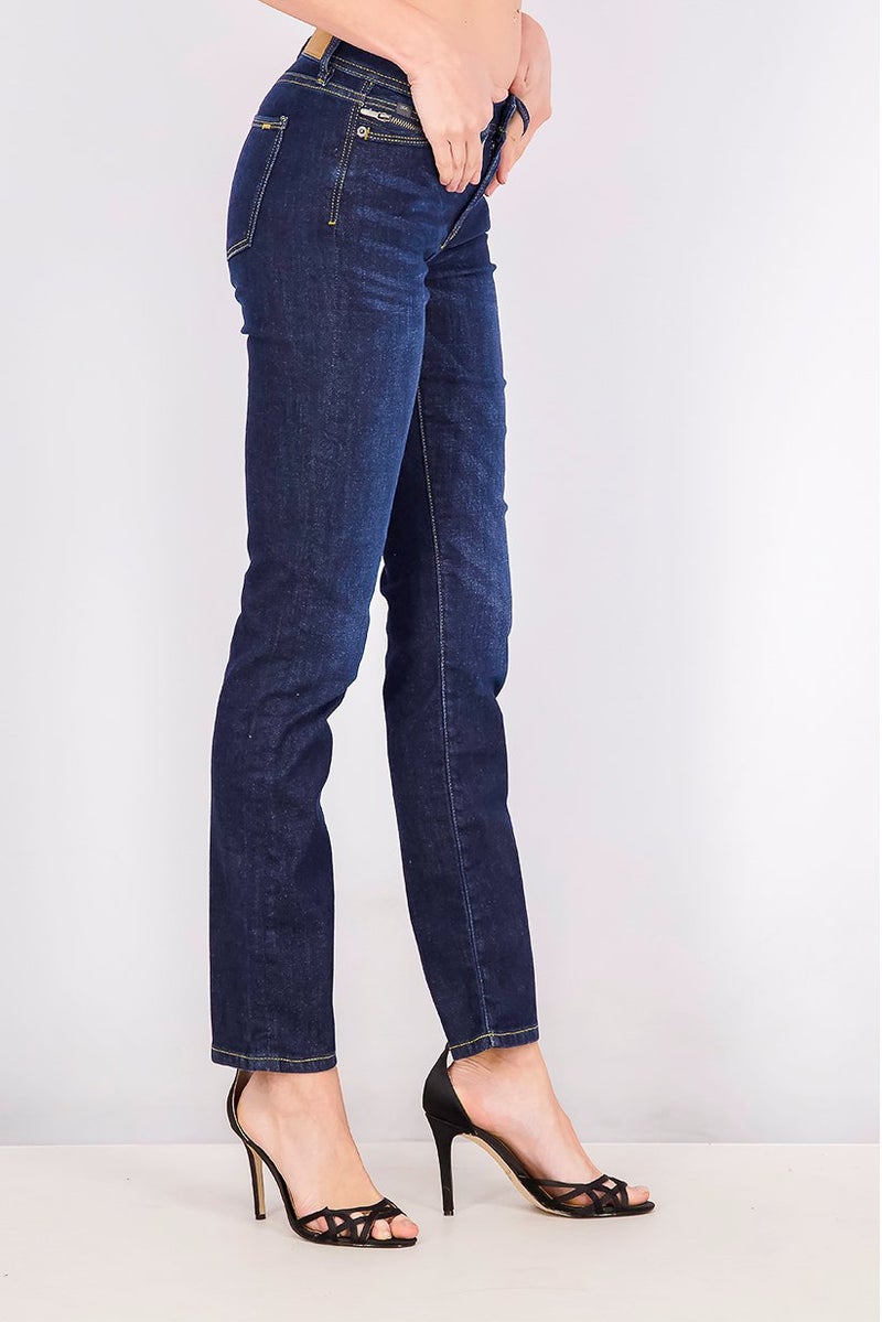 EDC Women Straight Fit Plain Belted Jeans, Navy - Image 2